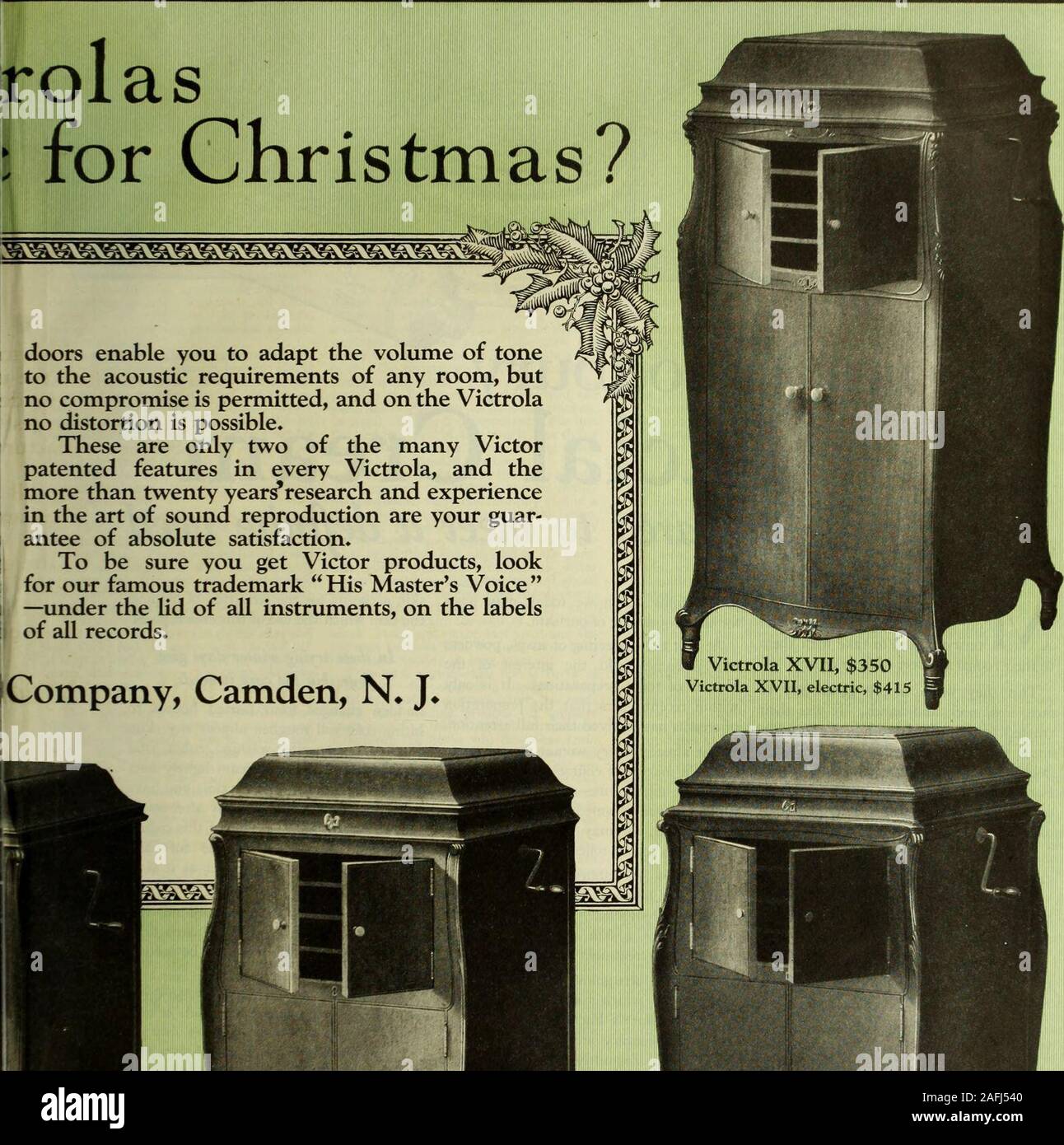 . The Saturday evening post. THE SATURDAY EVENING POST 79 rolas^^H: for ChlH doors enable you to adapt the volume of toneto the acoustic requirements of any room, butno compromise is permitted, and on the Victrolano distortion is possible. These are only two of the many Victorpatented features in every Victrola, and themore than twenty years5research and experiencein the art of sound reproduction are your guar-antee of absolute satisfaction. To be sure you get Victor products, lookfor our famous trademark His Masters Voice —under the lid of all instruments, on the labelsof all records. Company Stock Photo