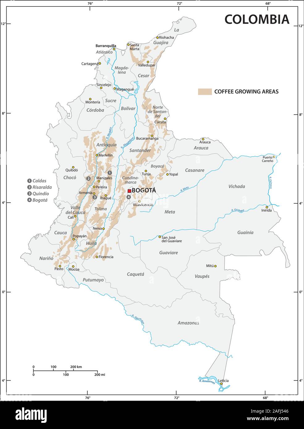 Map of the coffee growing areas of Colombia Stock Vector