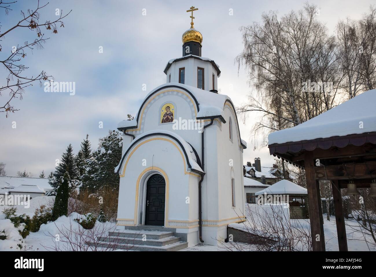 Winter view of the Chapel of St. Michael the Archangel   in the village of Uspenskoe. Moscow region, Odintsovo city district, Russia. Stock Photo