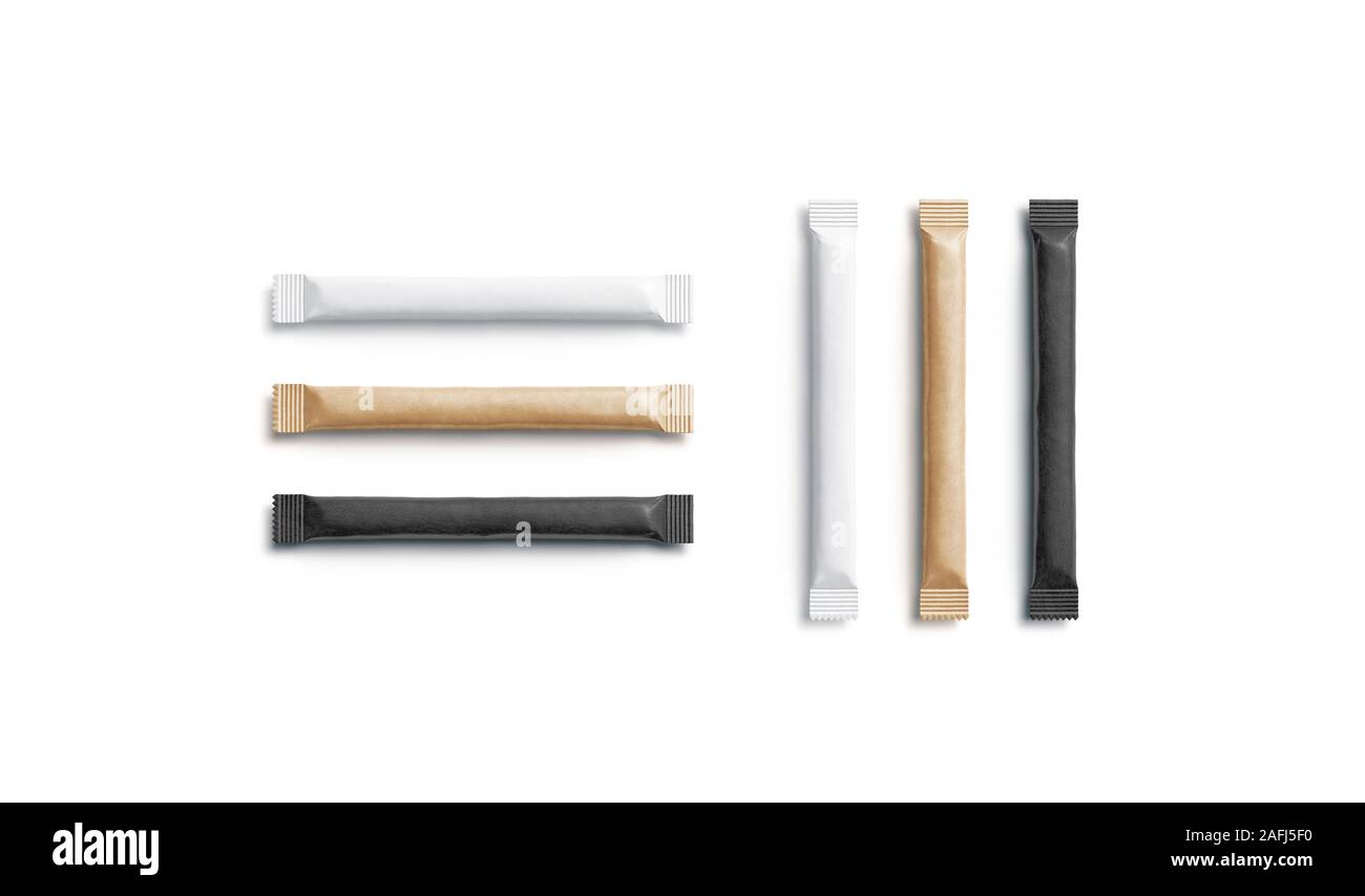 Blank black, white and craft sugar packet mockup, horizontal vertical