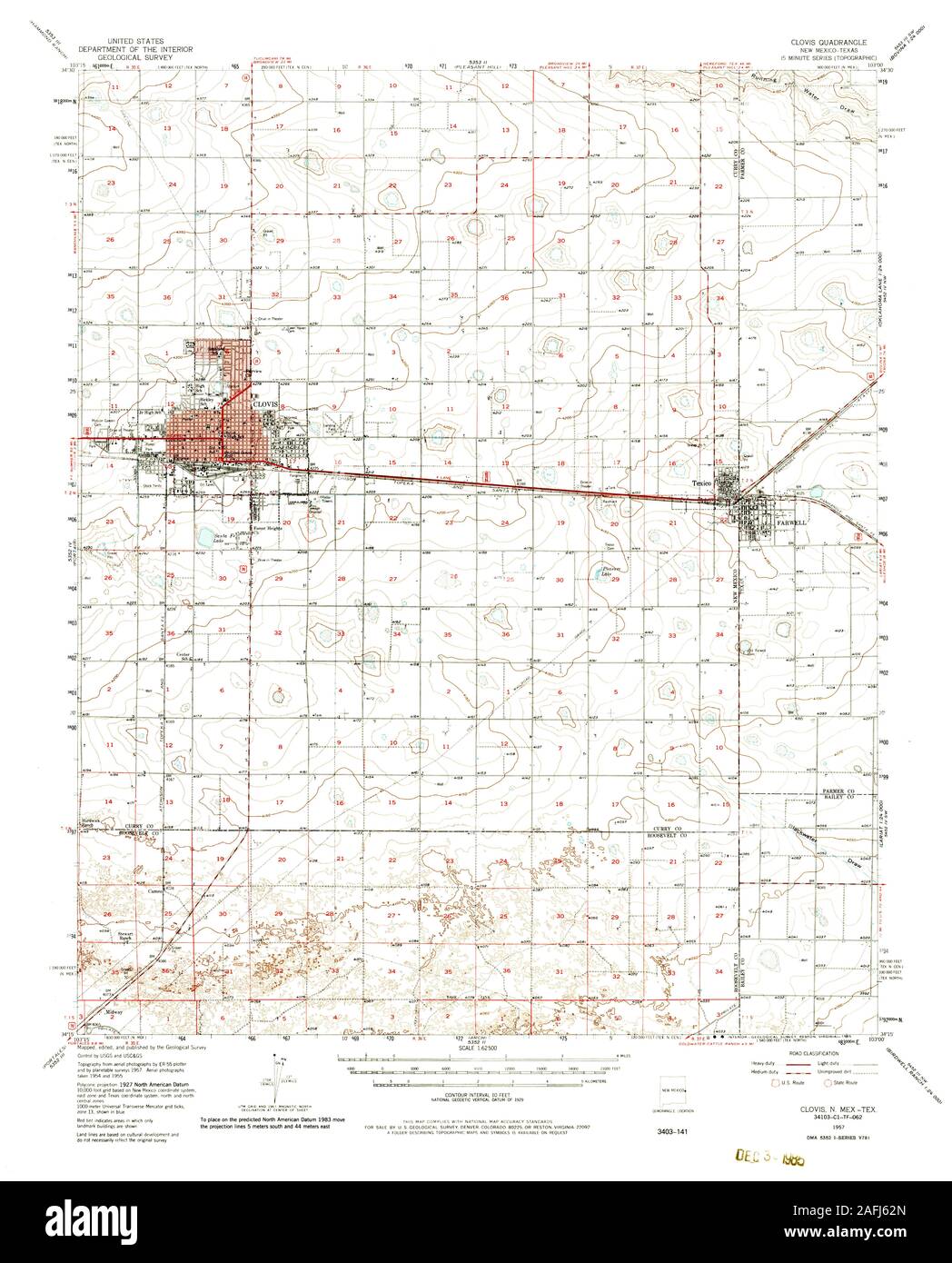 USGS TOPO Map New Mexico NM Clovis 190231 1957 62500 Restoration Stock