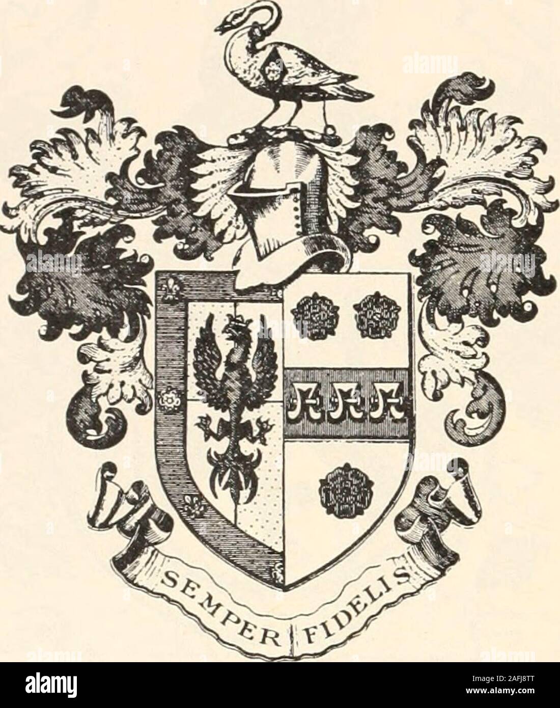 . Armorial families : a directory of gentlemen of coat-armour. ntle-man, b. 1920; and Katherine Downer. Res.—Carhayes,Adelaide ; and Eurilla, Mount Lofty, South Australia.C/«d—Adelaide. BOOKER of Nottingham (H. Coll.). Quarterly or andargent, an eagle displayed vert, ducally crowned of thefirst, all within a bjrdure azure charged with four fleurs-de-lys and as many roses alternately also of the firstMantling vert and or. Crest — On a wreath of thecolours, a swan proper, collared and lined or, and chargedwith a fusil azure, thereon a rose argent. MottO—Semperfidelis. Son of Frederic Richard Boo Stock Photo
