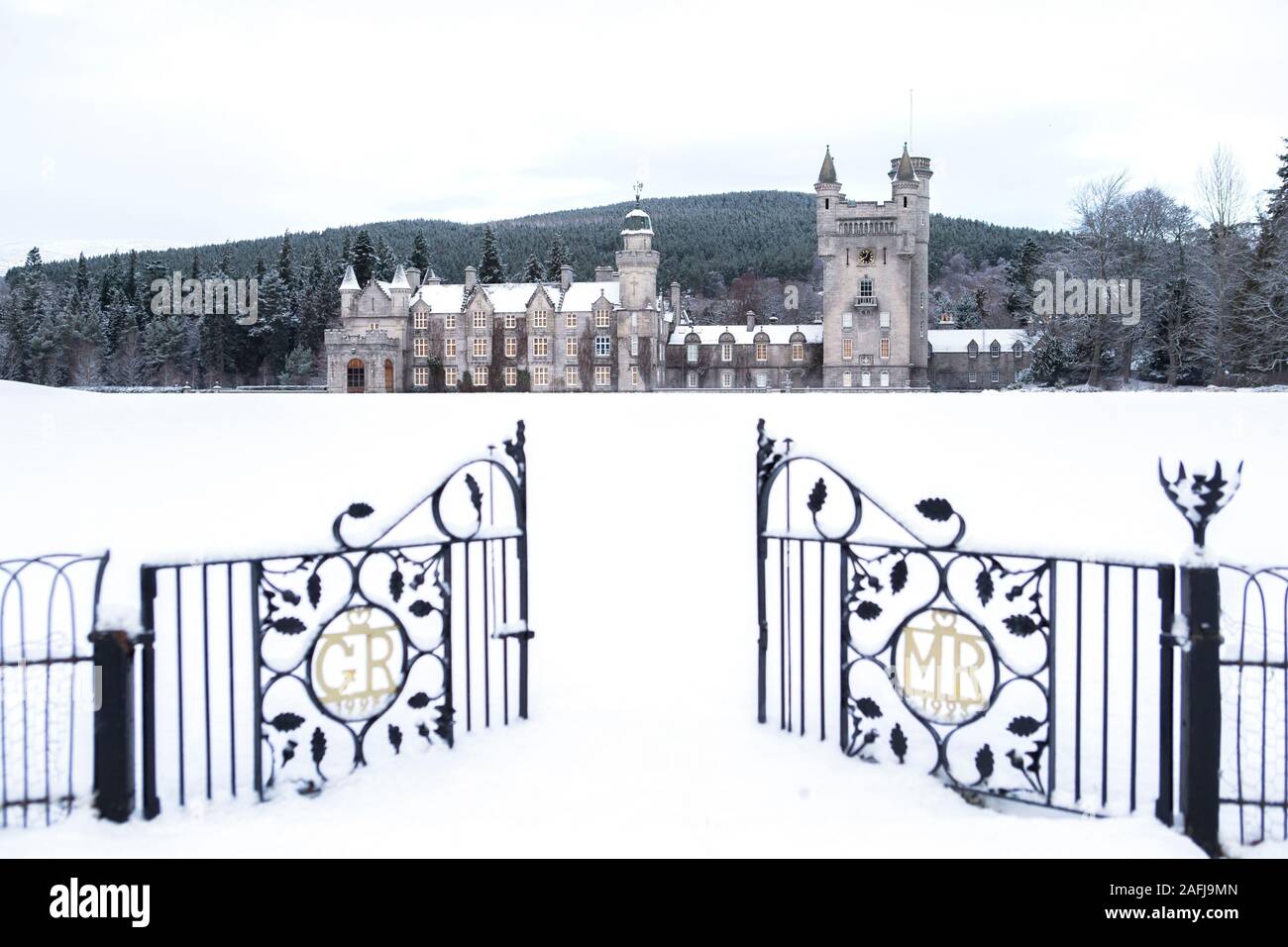 Balmoral Castle, Royal Deeside, in the snow. The Met Office has issued a yellow weather warning for ice and snow across Scotland. Stock Photo