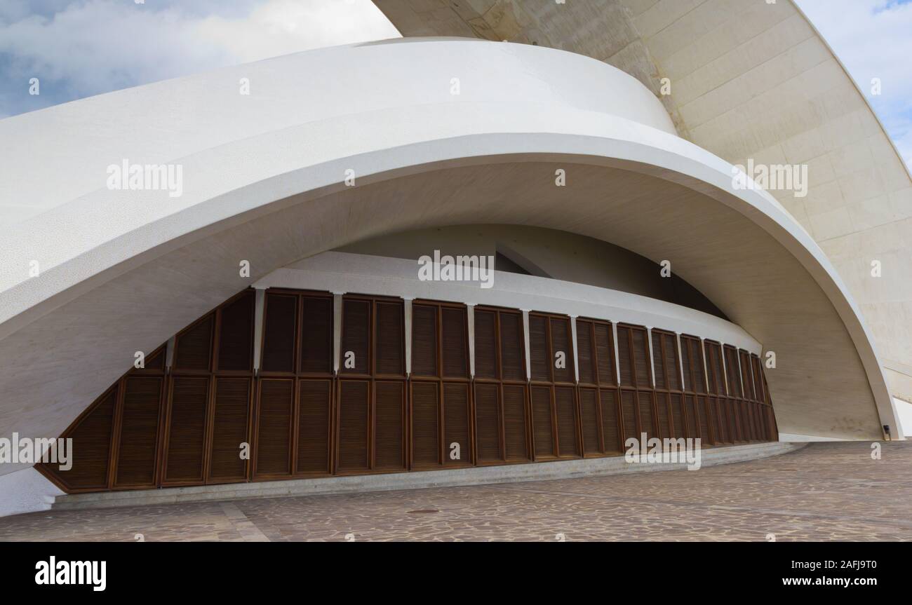 Modern white round building with geometric lines Stock Photo