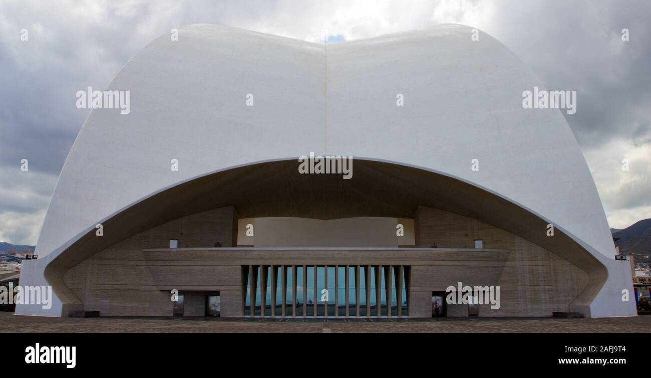 Modern white round building with geometric lines Stock Photo