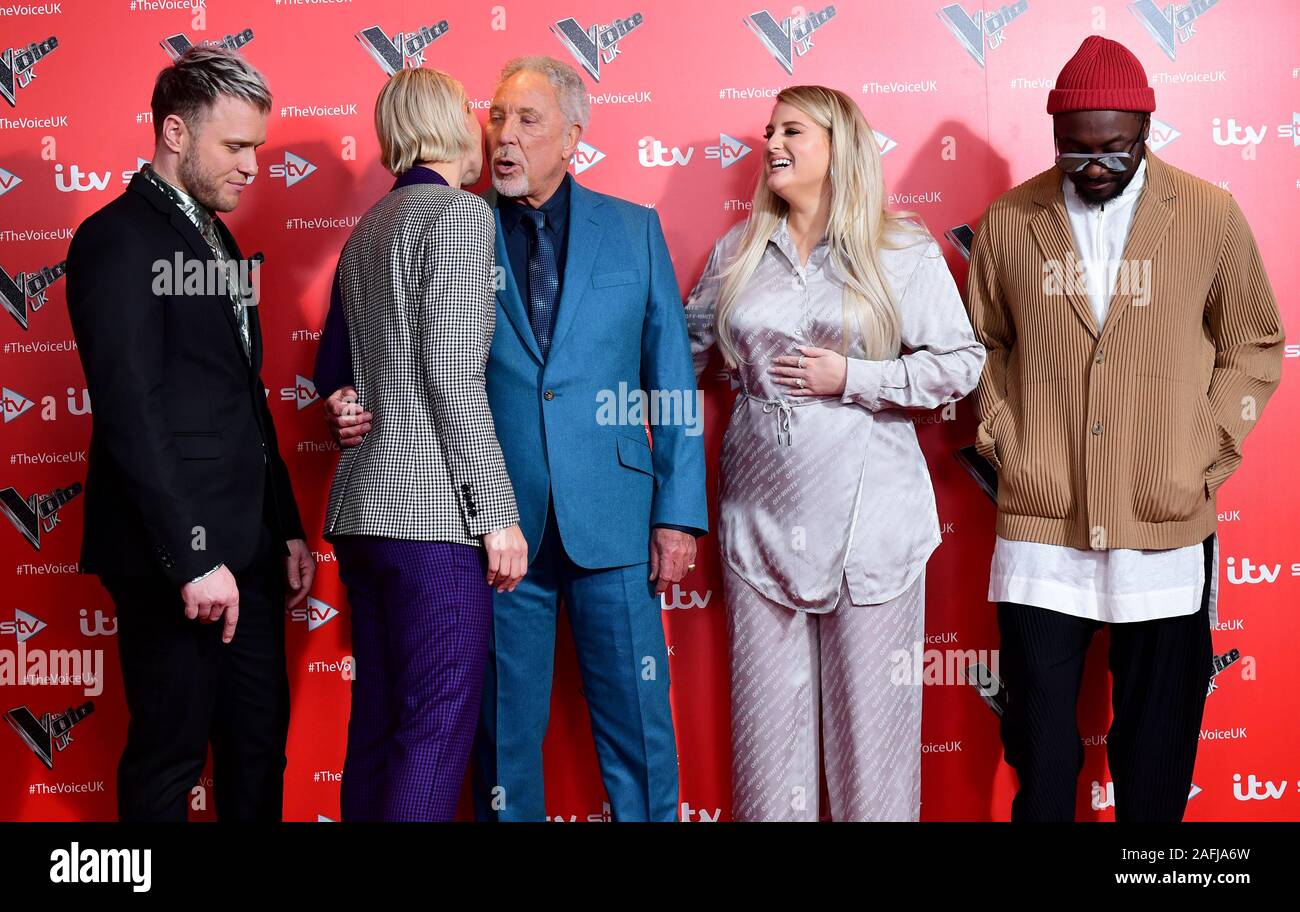 Olly Murs, Emma Willis, Tom Jones, Meghan Trainor and will.i.am attending the Voice UK Series 9 launch held at The Soho Hotel, London. Stock Photo