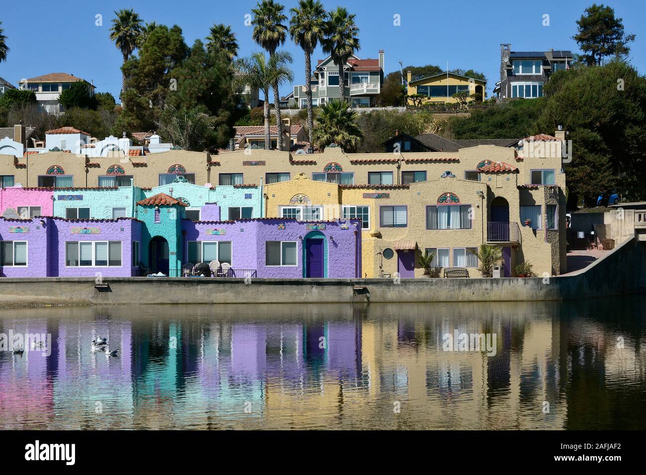 The colourful houses of the Hotel on the beach of Capitola
