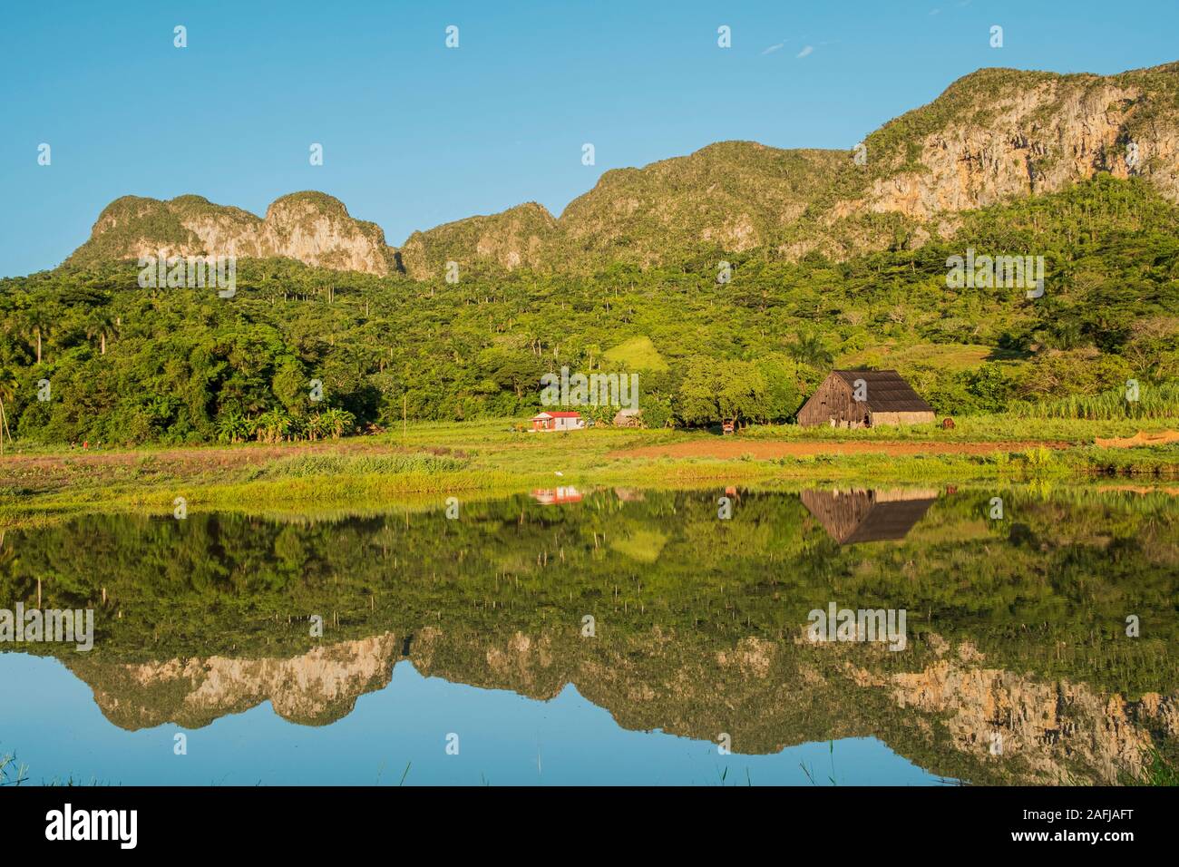 Landscape with lake in Vinales, one of the main tobocco production regions of Cuba. Stock Photo