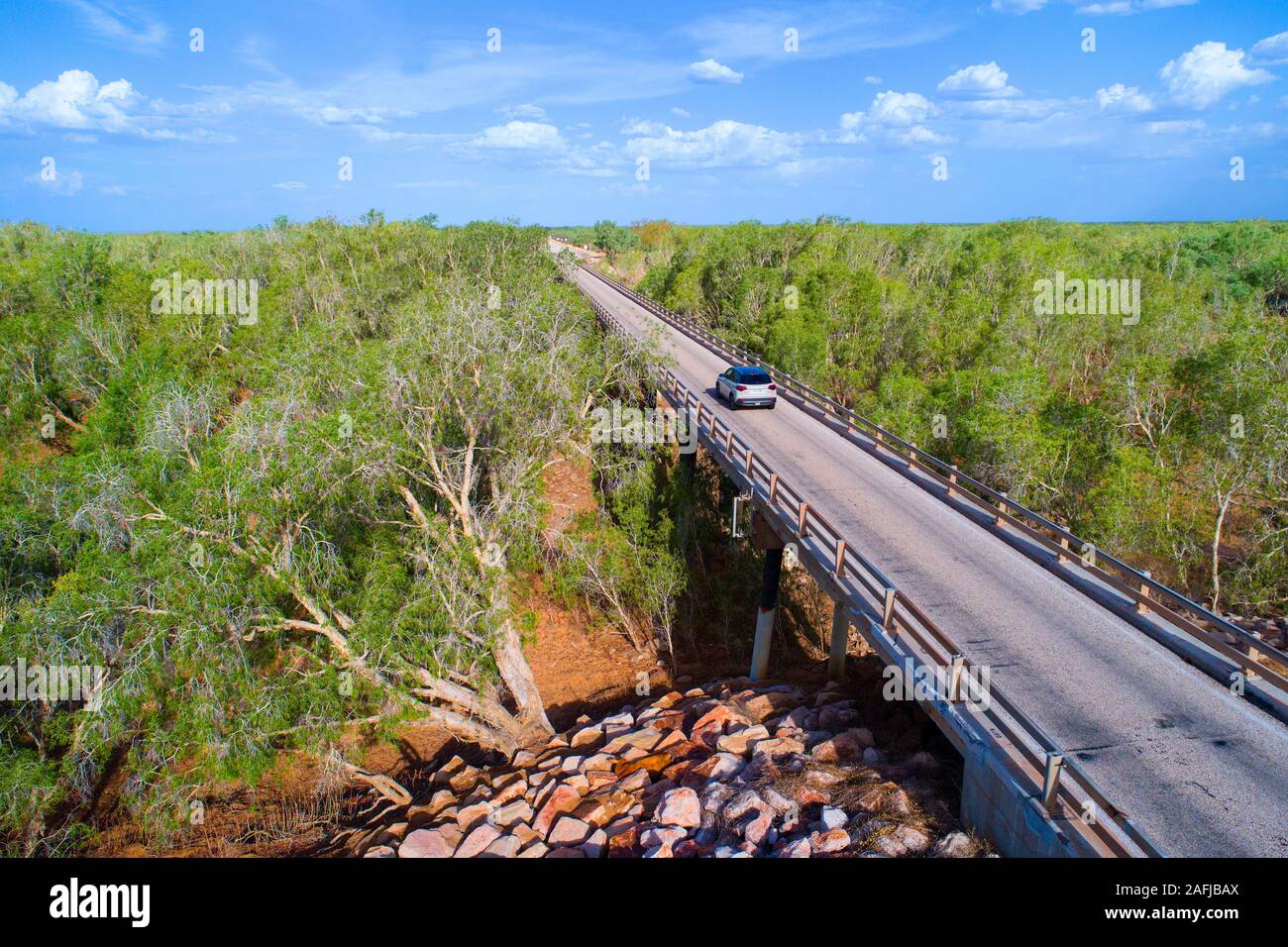 Aerial view of a motor vehicle crossing Minnie Bridge, Willare, West