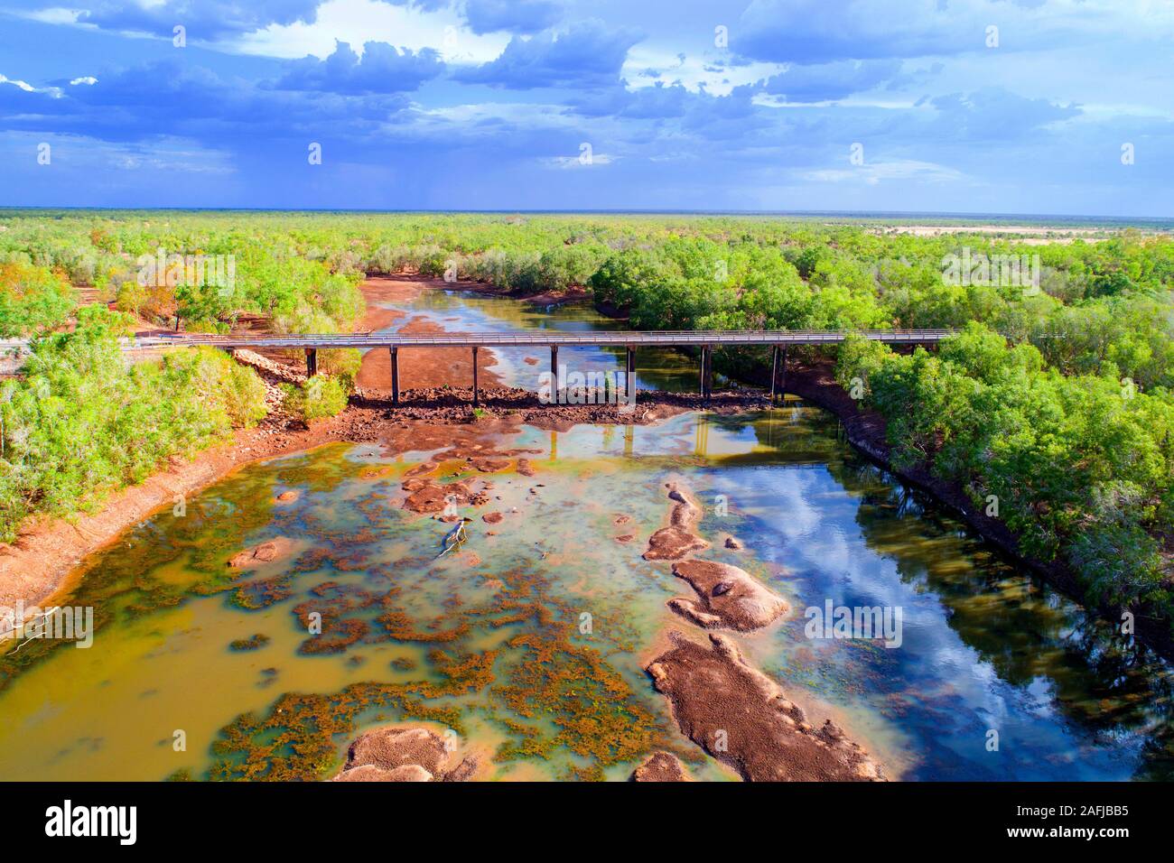 Aerial view of Minnie Bridge over Fitzroy River, Willare, West ...