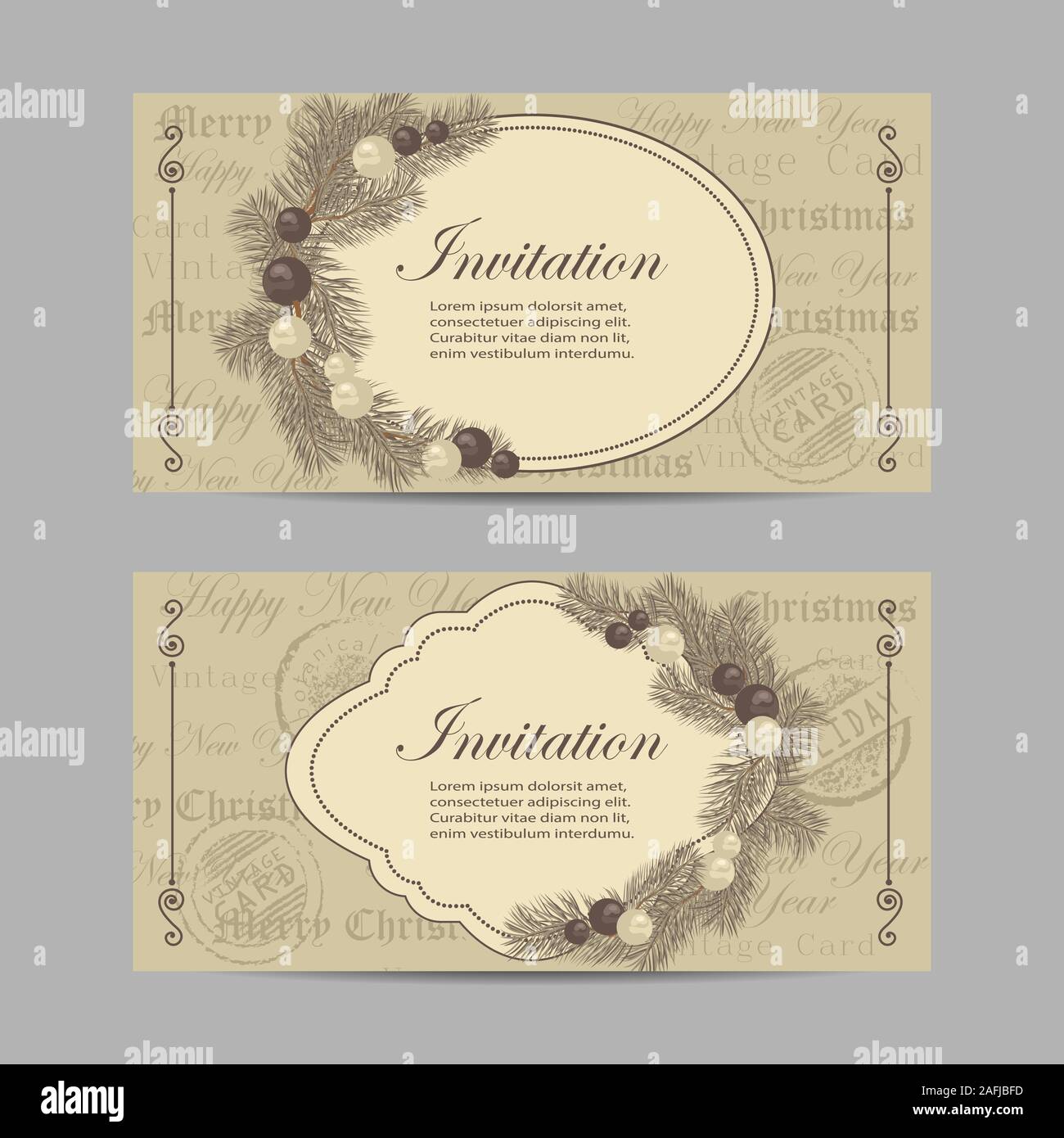 Set of horizontal banners. Merry Christmas and New year invitations ...