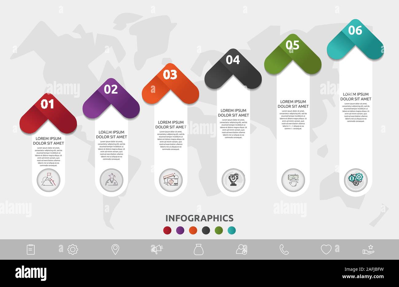 Vector infographic template. Six arrows with icons and labels. Business