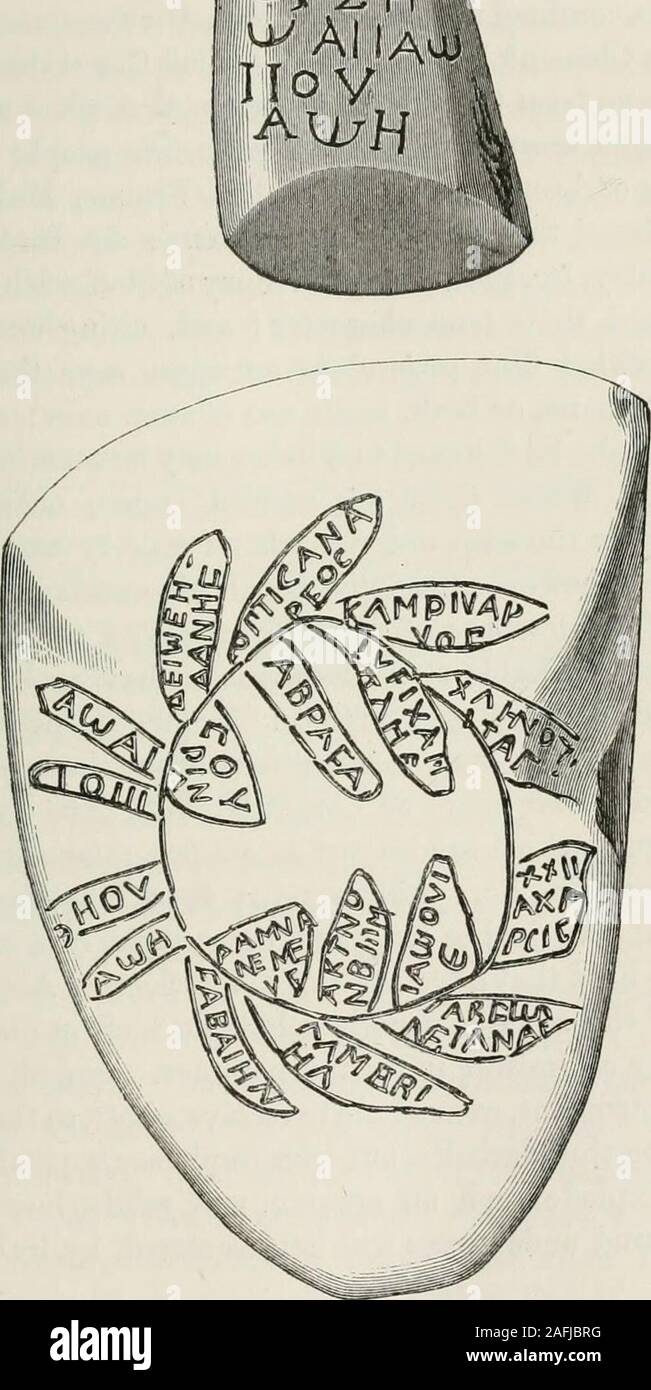 . The ancient stone implements, weapons, and ornaments, of Great Britain. I^AllA^ Iflby. Fig. 11.—Celt with Gnostic Inscription. (Tlie upper figure full size, the lower enlarged.) There are two* deductions which may readily be drawn from the facts just stated; first, that in nearly all, if not indeed in all parts of* See also Tylor, /.c, p. 228. 56 CELTS. [chap. III. the globe wliicli are now civilized, there was a period when the useof stone implements prevailed; and, secondly, that this periodis so remote, that what were then the common implements ofevery-day life have now for centuries been Stock Photo