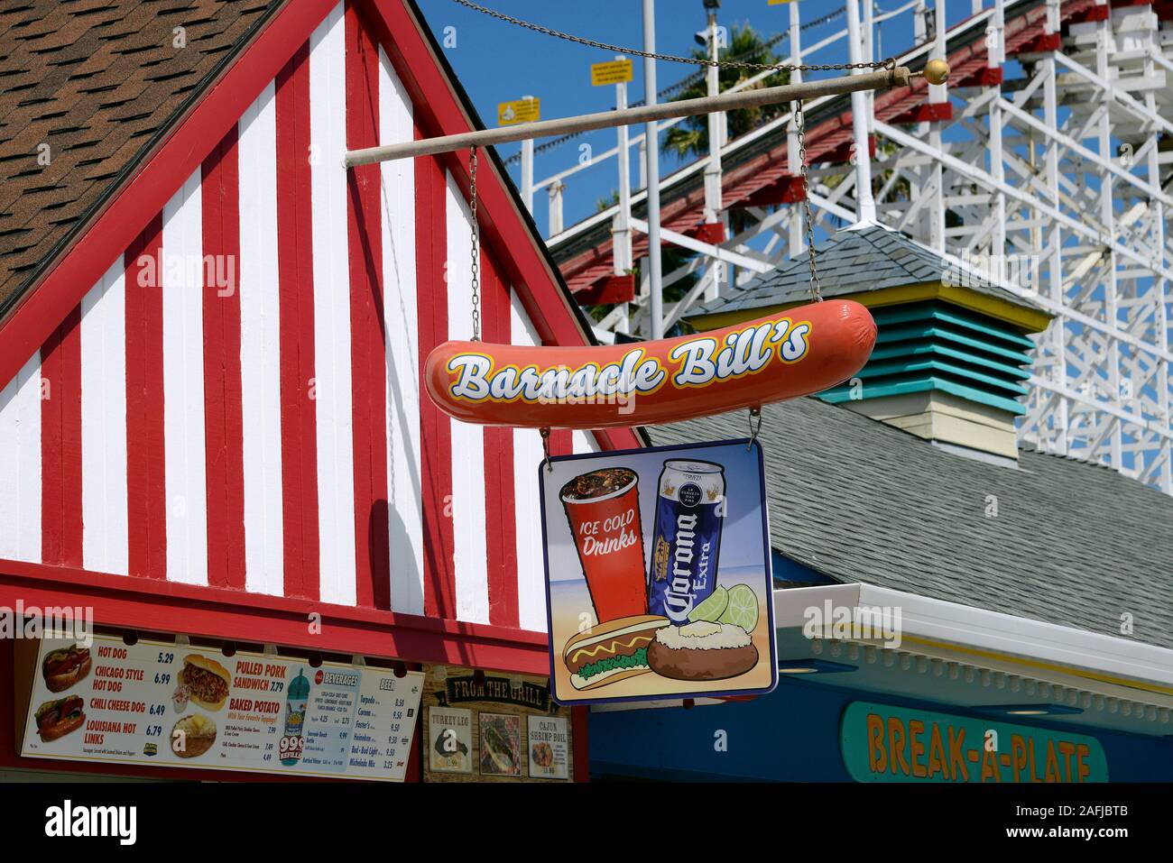 Snack at Santa Cruz Beach Boardwalk Amusement Park, amusement park with numerous games and rides at Santa Cruz Beach, California, USA Stock Photo