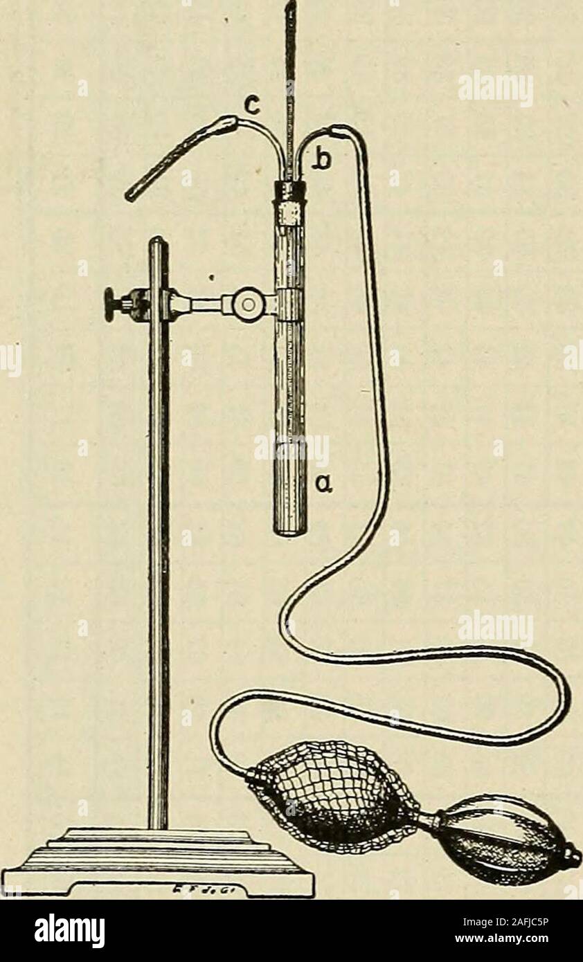 . Preventive medicine and hygiene. losingthe upper end of the glass tube isfitted with two lateral tubes of hardrubber h and c, and also carries a delicate themometer, the bulb of whichis placed near the center of the silver tube. The tube h extends to thebottom of the silver tube; c projects but a short distance through thecork. A rubber aspirating apparatus, as shown, is connected with thetube h, and a long tube joined to c serves to carry off the fumes. Theapparatus is held in a clamp faced with cork or other non-conductingsubstance. Observations are made by filling the silver cup with ethe Stock Photo