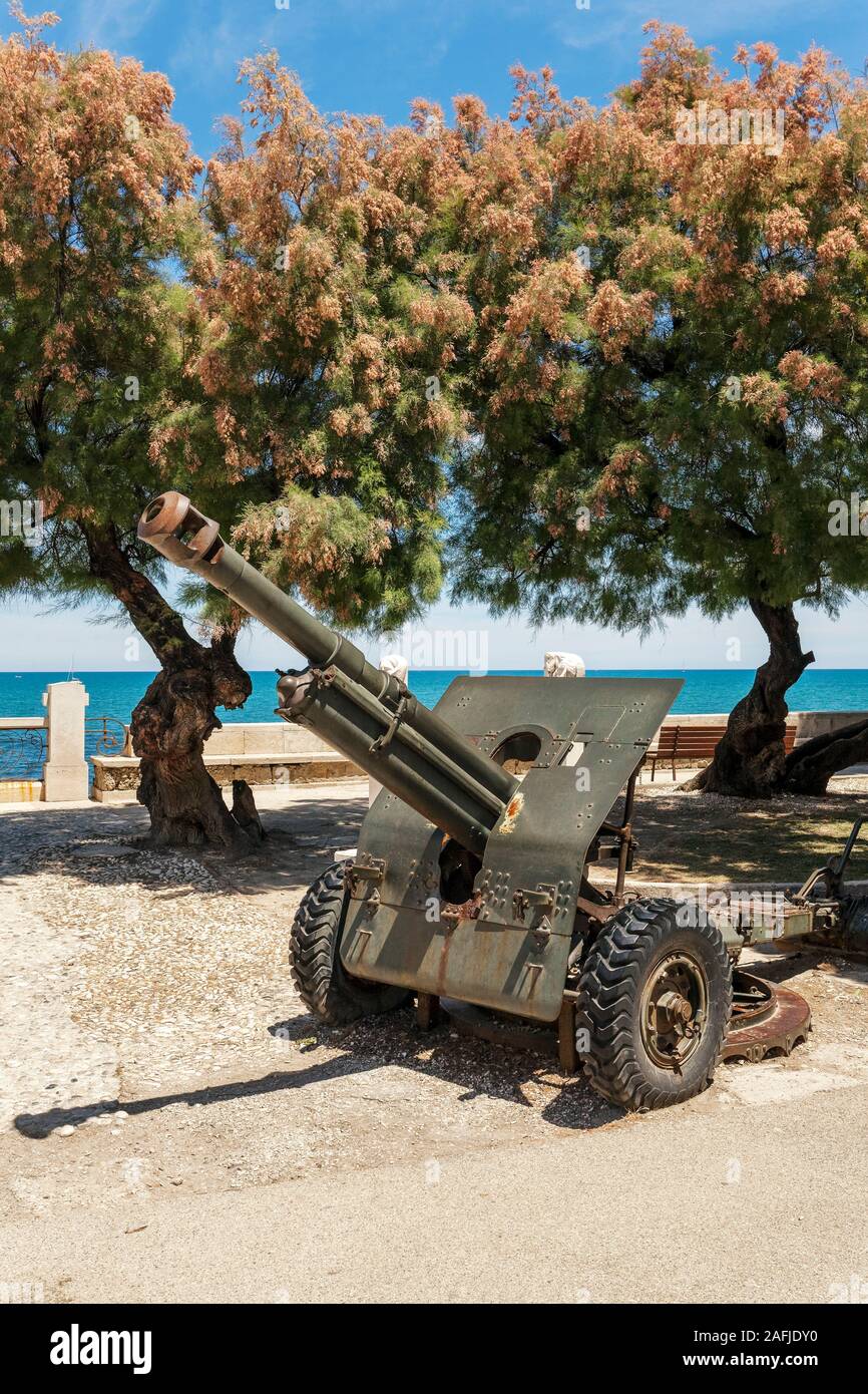 World war II Cannon at the War Memorial Monument, Municipal Villa, Trani, Bari, Apulia, Puglia, South of italy Stock Photo