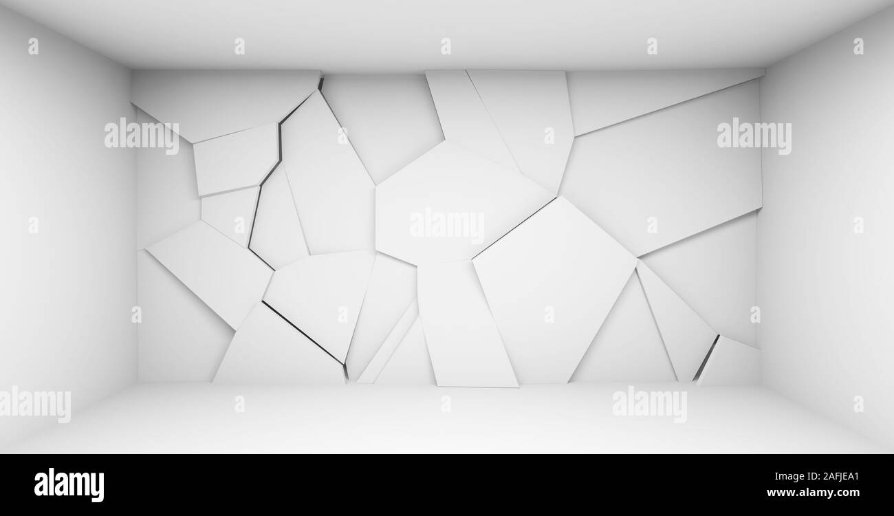 Abstract white empty interior with polygonal relief panel on the front ...