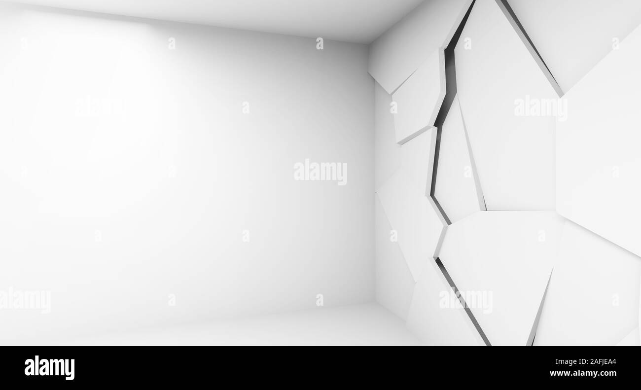 Abstract white empty room interior with polygonal decoration panel on ...
