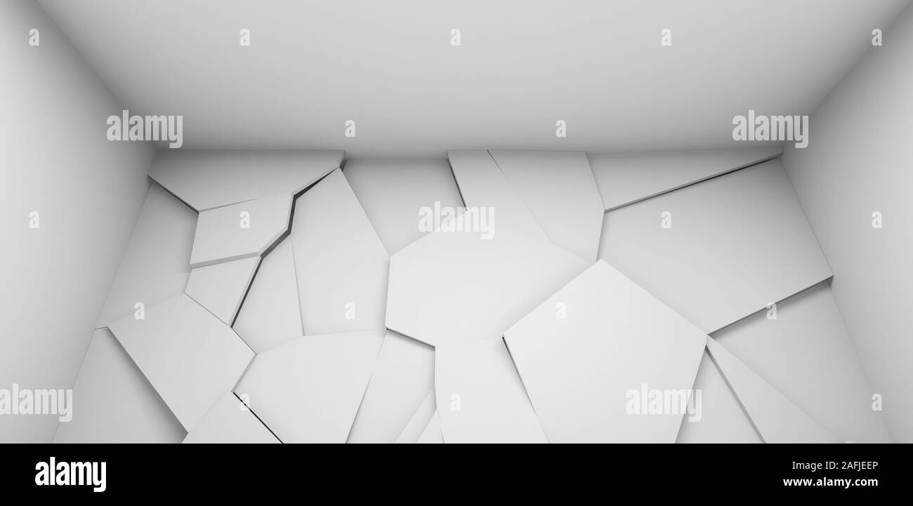 Abstract white empty interior fragment with polygonal relief panel on ...