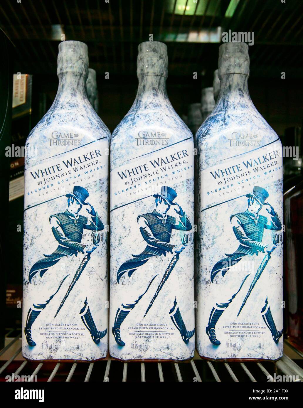 Aruba, 12/2/2019: Bottles of Johnnie Walker whiskey in Game of Thrones themed special packaging stand on a shelf in a liquor store. Stock Photo