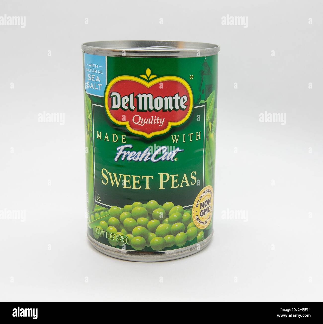New York, 12/8/2019: Can of Del Monte sweet peas stands against white background. Stock Photo