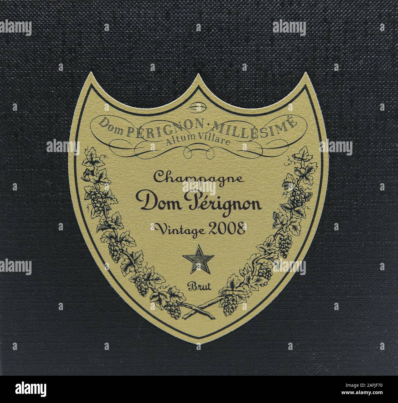 New York, 12/8/2019: Closeup view of Dom Perignon Vintage 2008 champagne box label. Stock Photo