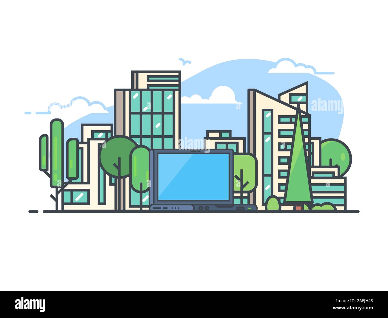 Modern city with new houses, big laptop, representing data and modern ...