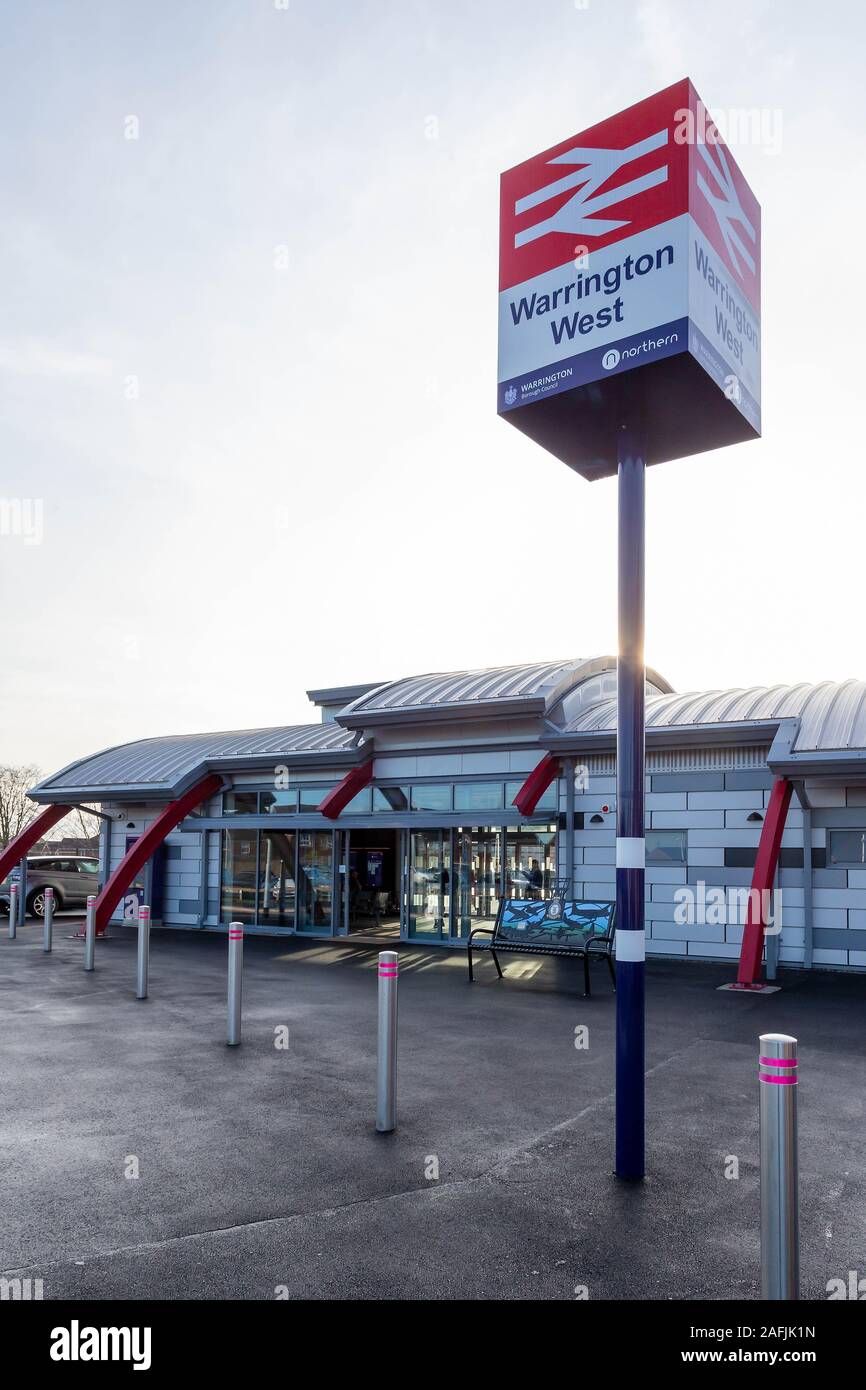 Warrington, Cheshire, UK. 16th Dec, 2019. Into the light image of the front of Warrington West Railway Station officially opened on 16 December 2019 Credit: John Hopkins/Alamy Live News Stock Photo