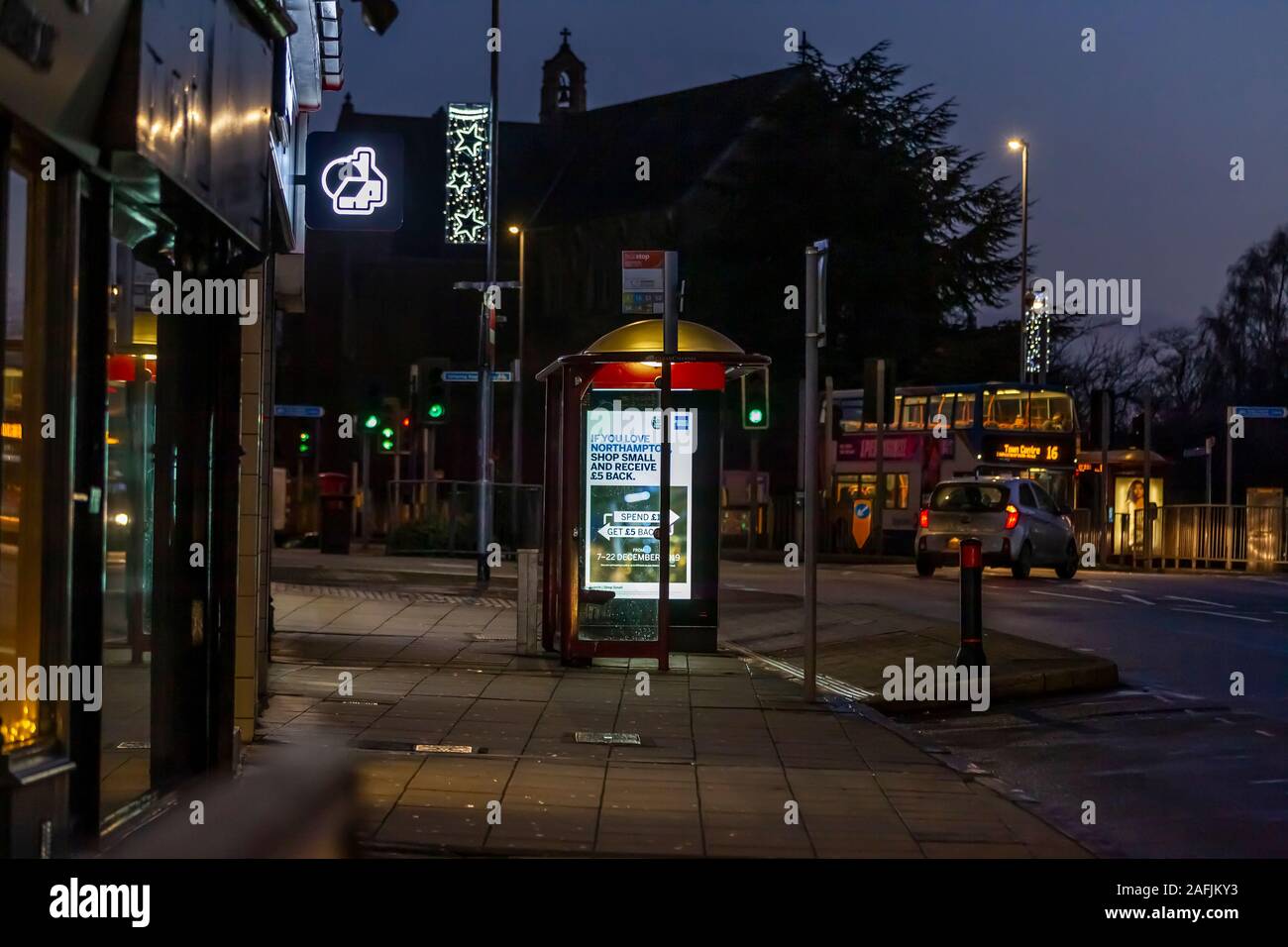 Street scene during the hours of darkness bus stop on Wellingborough