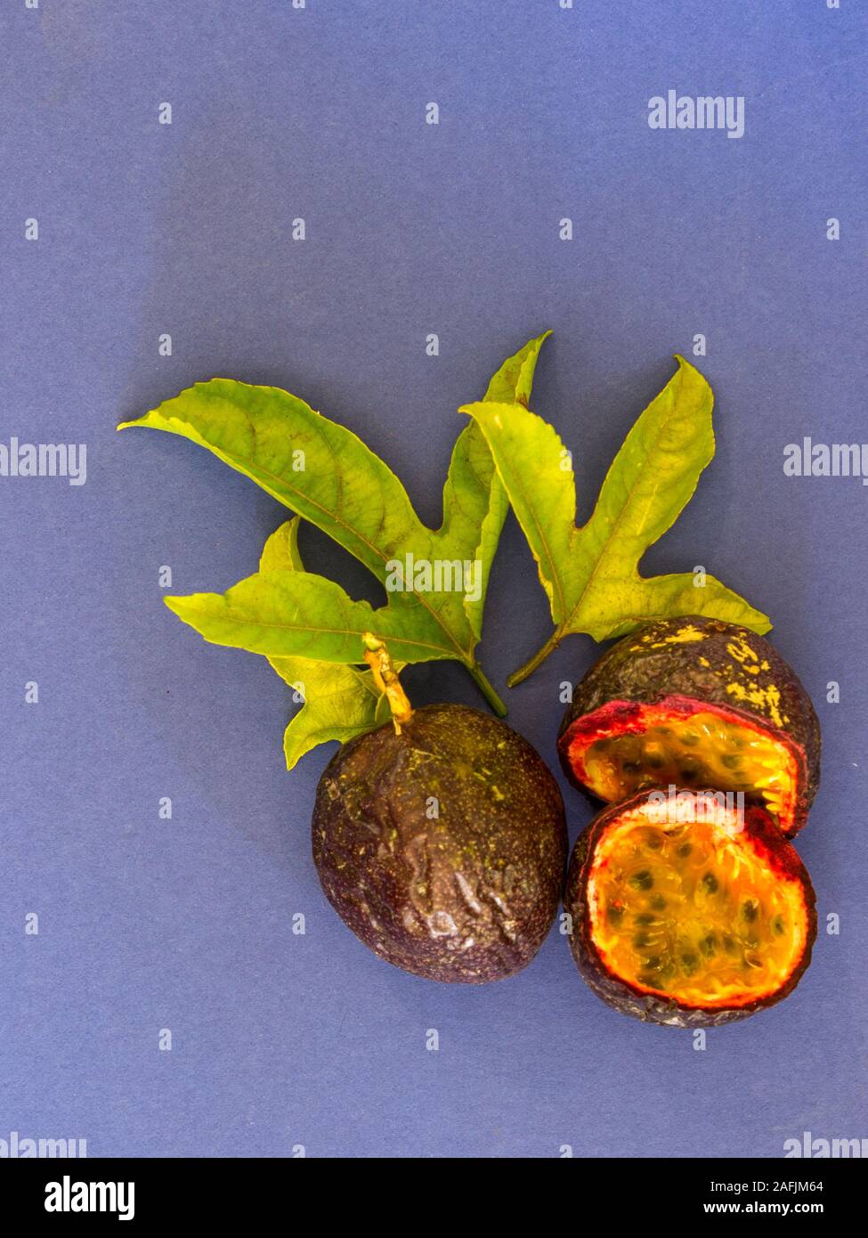 Lay flat composition showing a whole passion fruit and a sliced passion fruit with some of the vine leaves on a blue background Stock Photo
