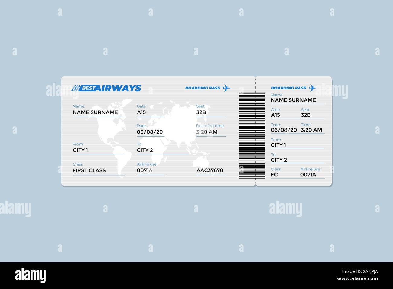 Realistic airline ticket boarding pass design template with first class passenger name and barcode. Air travel by airplane document vector illustration Stock Vector