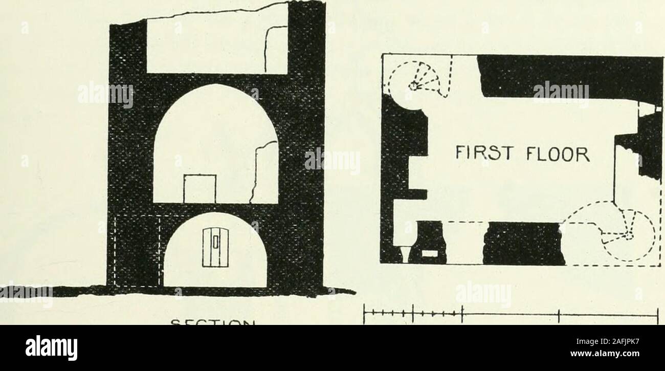 . The castellated and domestic architecture of Scotland, from the twelfth to the eighteenth century. SLCTION [ GROUND FLOOR1 i. 1 P - I 7 I 1 ^ IB..};; bJ z &gt;&lt; PR£CIPICL Fig. 76.—Kildonan Castle. Plans and Section. or Third Period, but nothing remains to tix its date more definitely. Itwas the fortress of a branch of the Clan Macdonald. MOY CASTLE,* Loch Buy, Argyllshire. An ancient keep, long the residence of the chief of the Maclaines. Itstands on a rocky foundation at the north end of Loch Buy, an arm ofthe sea, which penetrates into the island of Mull from the south. It is a * The sk Stock Photo