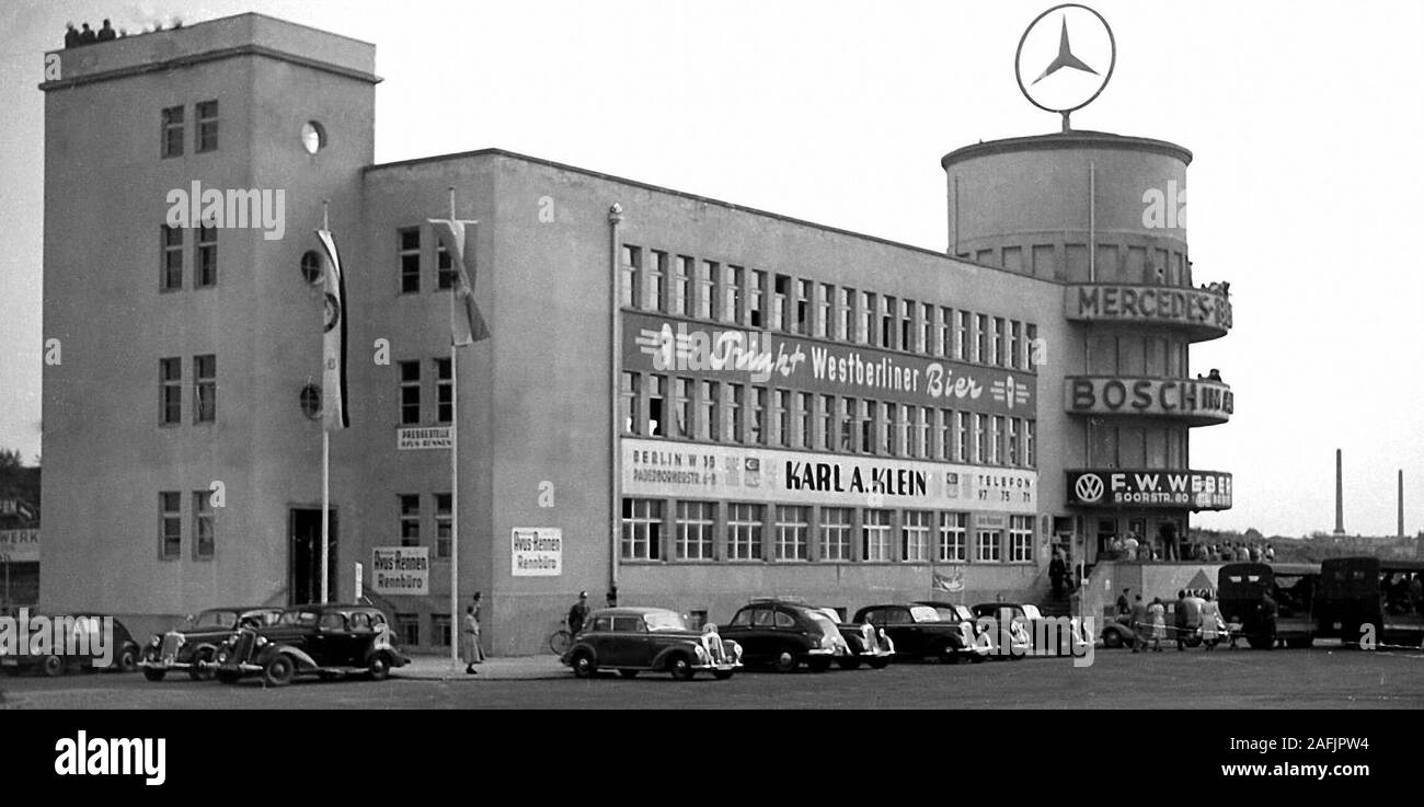 At the Avus (Atomobile traffic and training road) with Mercedes-Tower in Berlin. Stock Photo