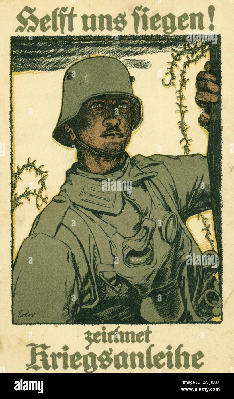 Field postcard 'Helft uns fliegen! zeichnet Kriegsanleihe' ('Help us fly! get war bonds') by Fritz Erler shwos a soldier with gas mask. Postmark from 1917. Stock Photo