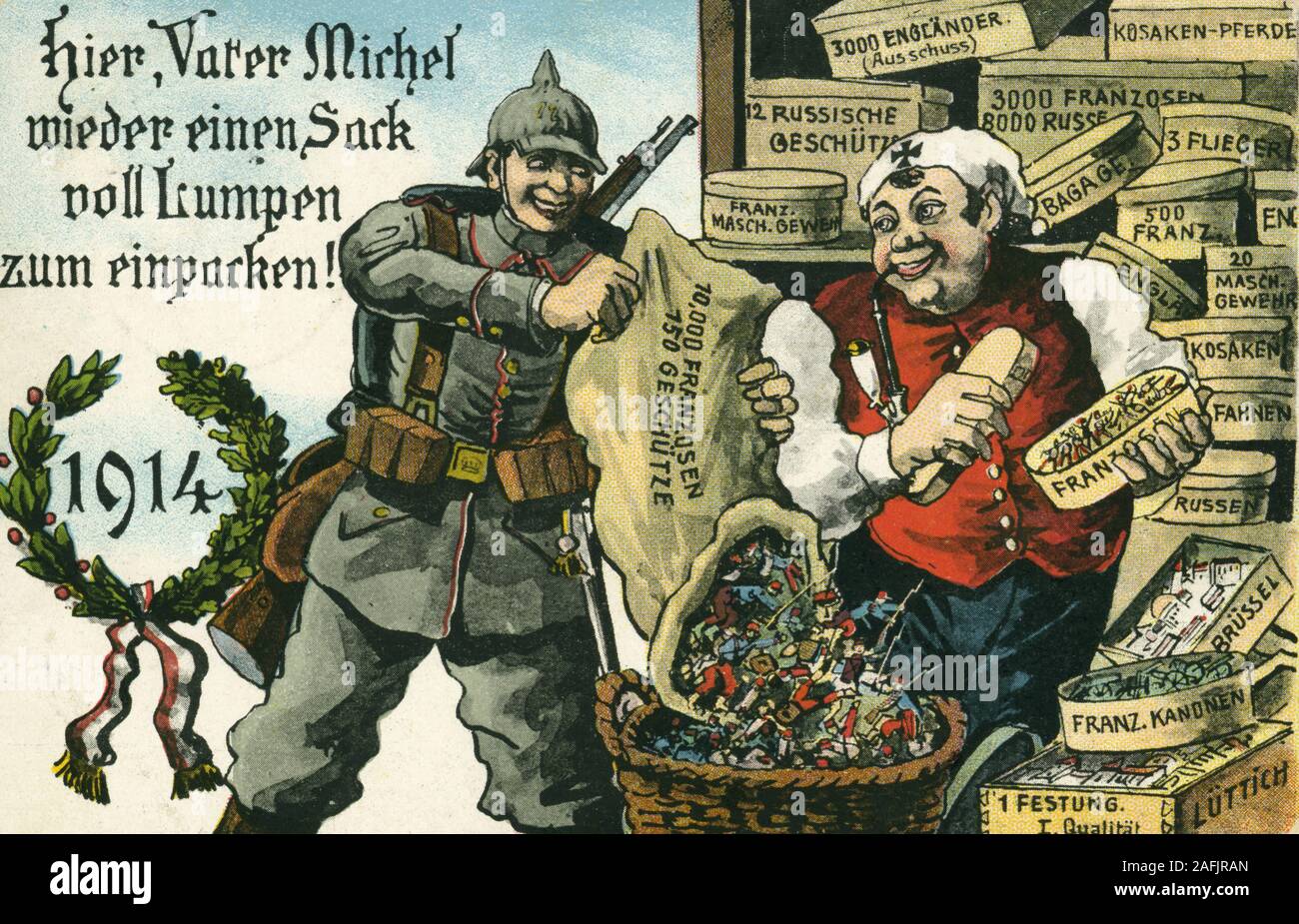Postcard 'Hier, Vater Michel, wieder einen Sack voll Lumpen zum einpacken!' (Here, father Michel, a bag with rags for boxing again) from 1914 shows a man with pipe and soldier with a bag of figures. Stock Photo