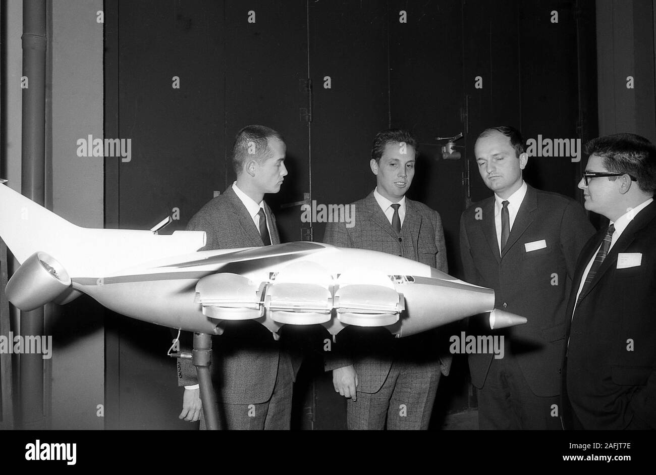 ILTUB (Aerospace Institute) in Berlin: Dr.-Ing. Herbst explaining the modell of a vertical take-off and landing (VTOL) aircraft. Stock Photo