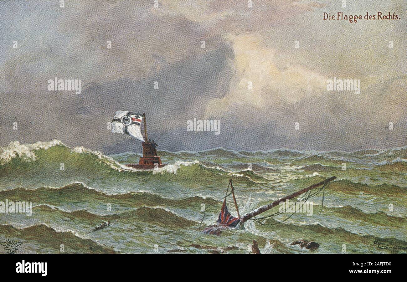 Postcard: 'Die Flagge des Rechts' (The flag of justice). Picture shows the German War Flag and the British flag drowning. Stock Photo