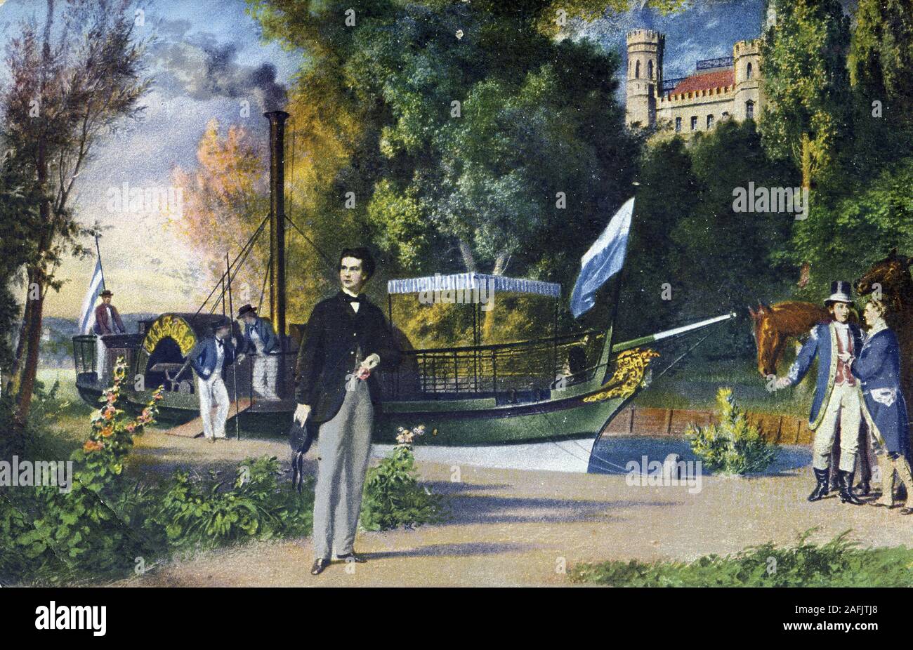 Field postcard with postmark from 1916: King Ludwig II of Bavaria at Lake Starnberg. Picture shows the king, a steamer and in the back a castle. Stock Photo
