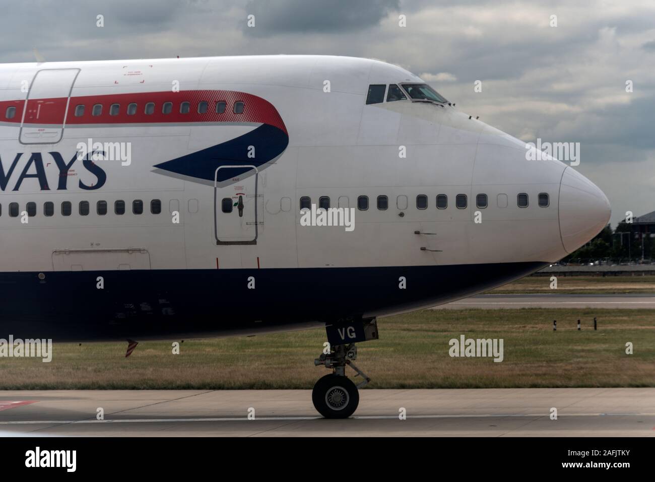 The nose cone of a British Airways Boeing 747 taxing toward a runway for take-off at London Heathrow Airport  (LHR) near London in Britain. Stock Photo