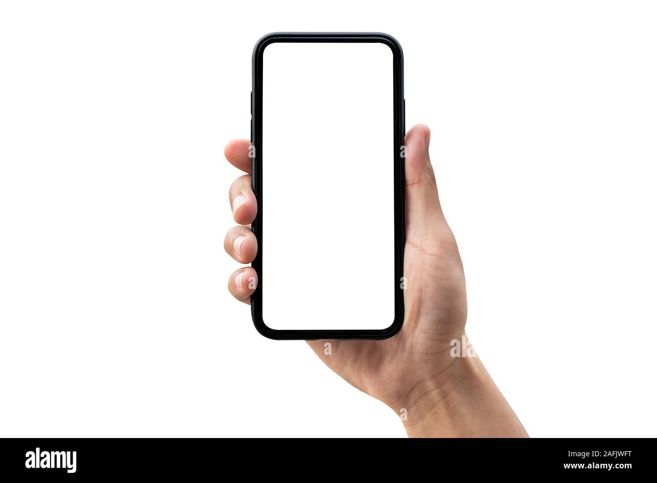 Hand holding smartphone isolated on white background. Stock Photo