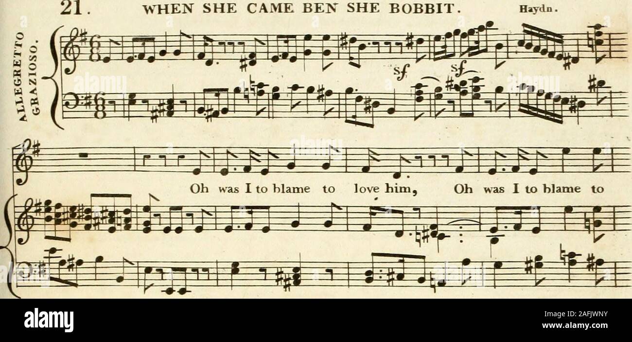 . [A composite music volume containing different issues of Thomson's octavo] collection of the songs of Burns, Sir Walter Scott ...: united to the select melodies of Scotland, and of Ireland & Wales. s—encore.Well toast the welcome greetingOf hearts in union beating,—And oh ! for our next merry meeting, Huzza then for one bottle more. Chorus.Come fill, fill, my good fellow,Fill high, high, my good fellow,And lets be merry and mellow,And let us have one bottle more. 21 WHEN SHE CAME BEN SHE BOBBIT. THE SONG WRITTEN FOR THIS WOBK BY WILLIAM SMYTH, ESQ. yJn ! was I to blame to love him!Oh ! was I Stock Photo