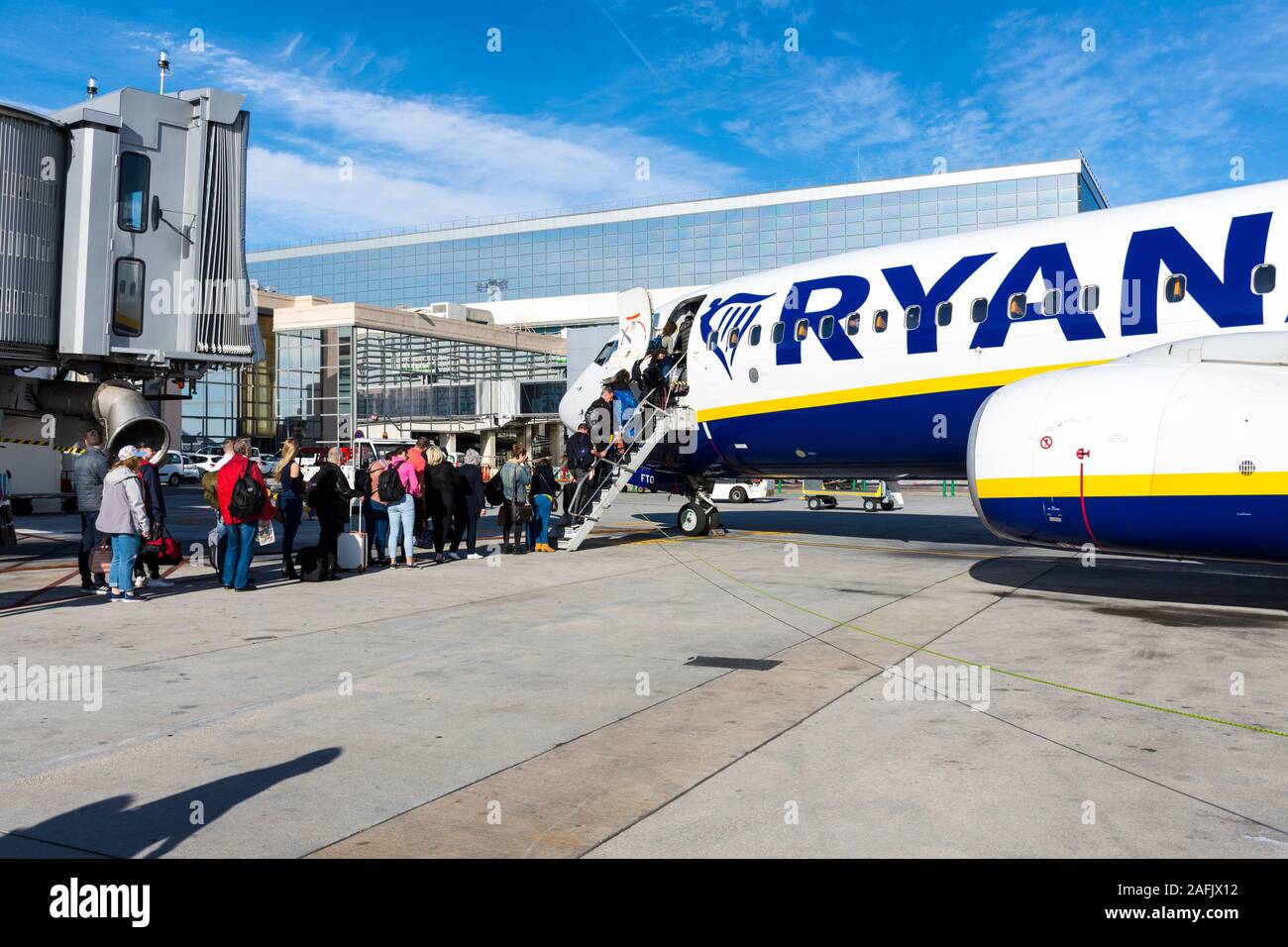Passengers board a Ryanair flight at Malaga Airport, Spain Stock Photo