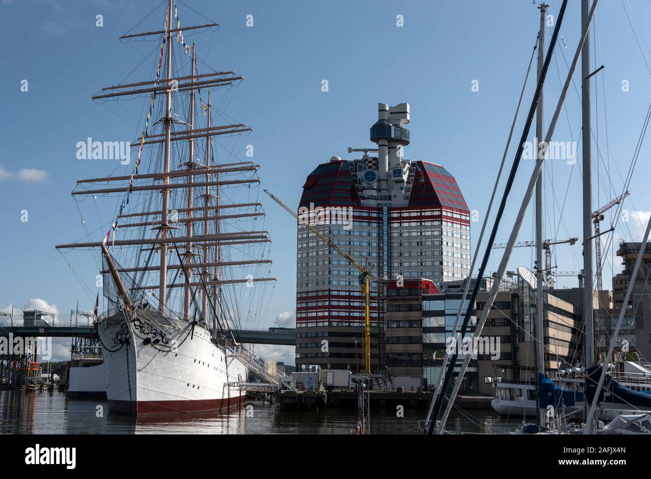 A marina at Lilla Bommen, part of the harbour on the Gota alv river in Gothenburg, second largest city after Stockholm in Sweden.  The four-mast steel Stock Photo