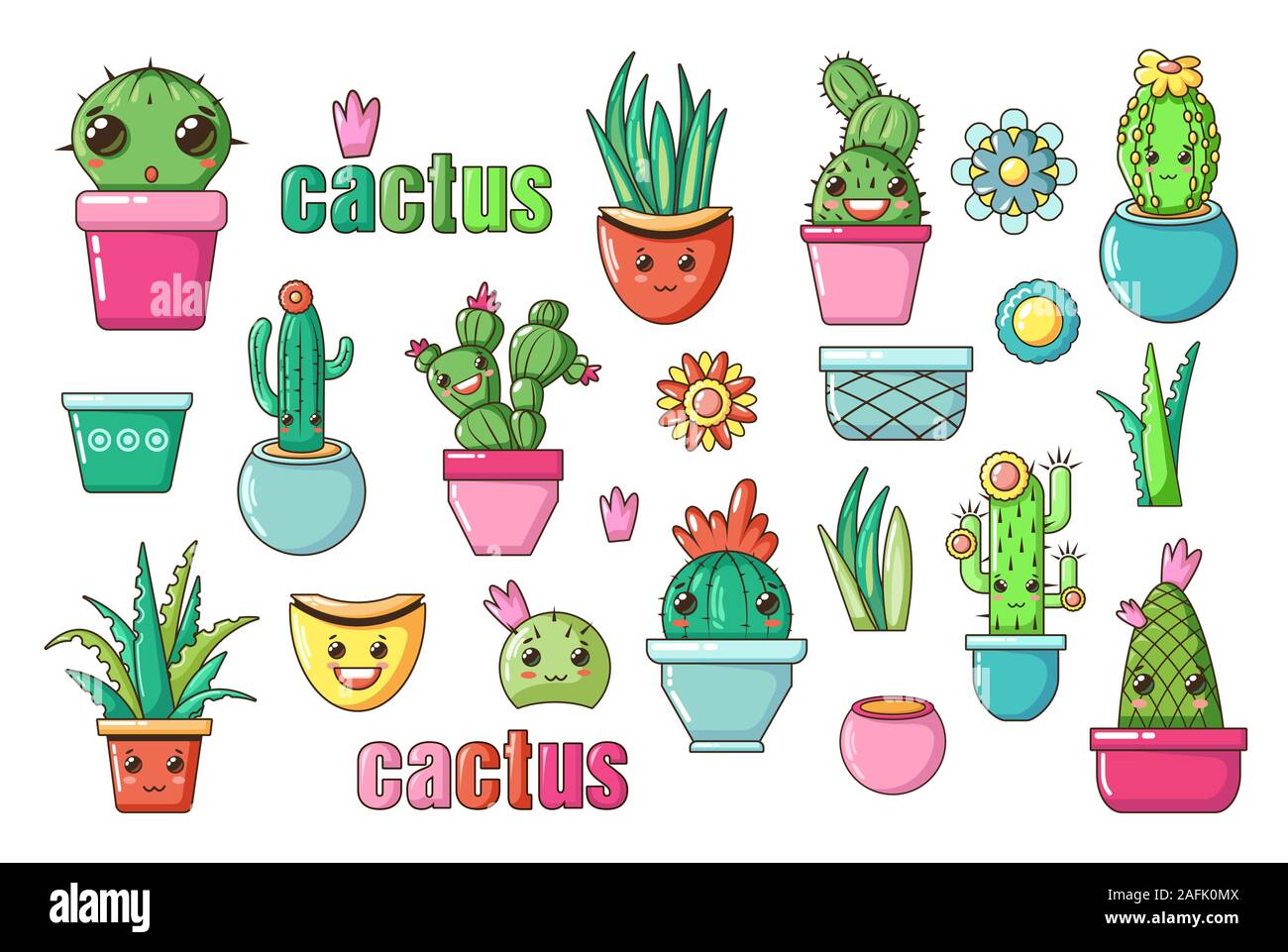Cute Lovely Kawaii House Plants Vector Art Flowers Cactus With Kawaii Faces In Pots Cartoon Style Isolated Nursery Icon Set Print For Greeting Card Stock Vector Image Art Alamy
