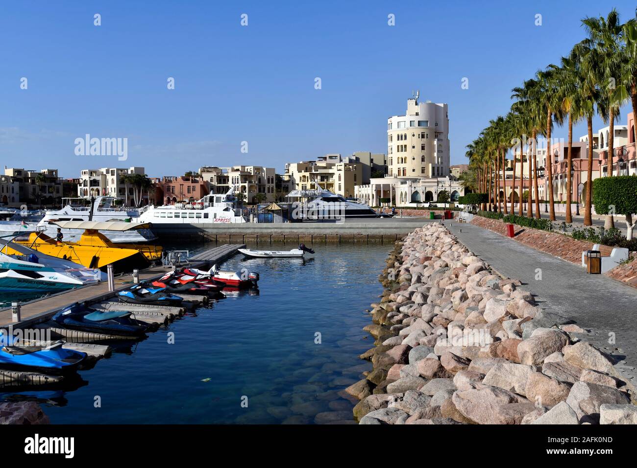 Aqaba, Jordan - March 04, 2019: Marina with boats in Tala Bay Resort on Red Sea Stock Photo