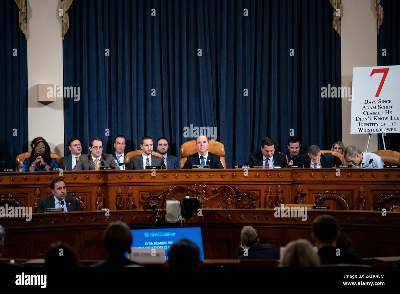November 20, 2019, Washington, District of Columbia, USA: United States Representative Adam Schiff (Democrat of California), Chairman, US House Permanent Select Committee on Intelligence, left, joined by United States Representative Devin Nunes (Republican of California), Ranking Member, US House Permanent Select Committee on Intelligence, right, gives closing remarks during a US House Intelligence Committee impeachment inquiry hearing with Laura Cooper, deputy assistant secretary of defense for Russia, Ukraine and Eurasia, and David Hale, undersecretary of state for political affairs, on Capi Stock Photo