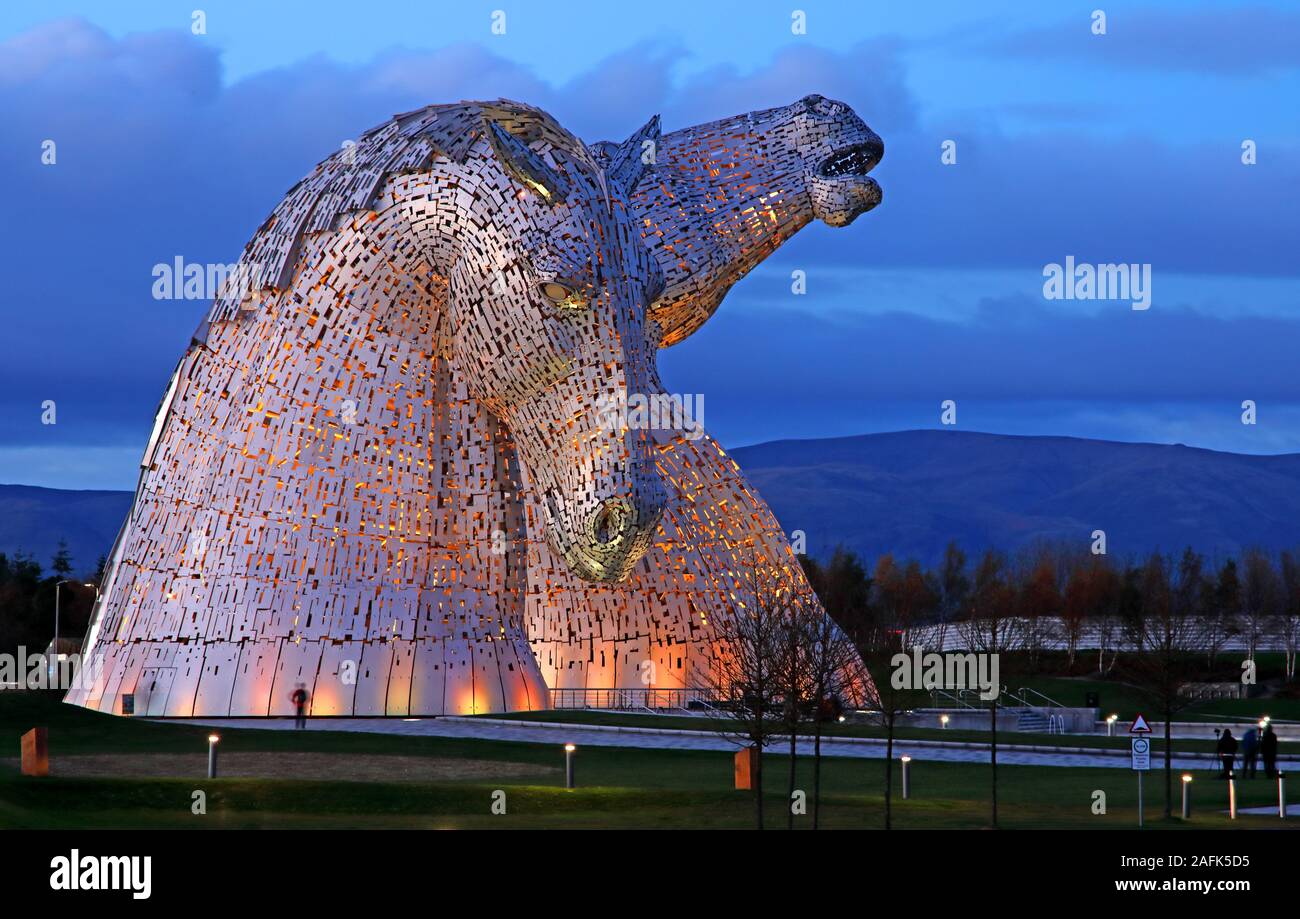 The Kelpies, Connecting Communities in the Falkirk Council Area, Forth and Clyde Canal at dusk, Scotland, UK Stock Photo