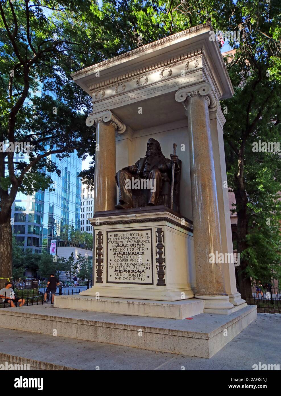 Monument to Peter Cooper,Cooper Square, Lower Manhattan, New York City,NY,United States,USA Stock Photo
