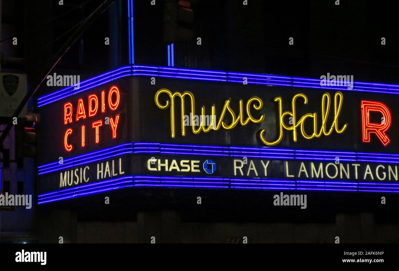 Radio City Music Hall facade New York, 1260 Avenue of the Americas (Sixth Avenue), Manhattan, New York City, NY, USA at night, neon lights Stock Photo