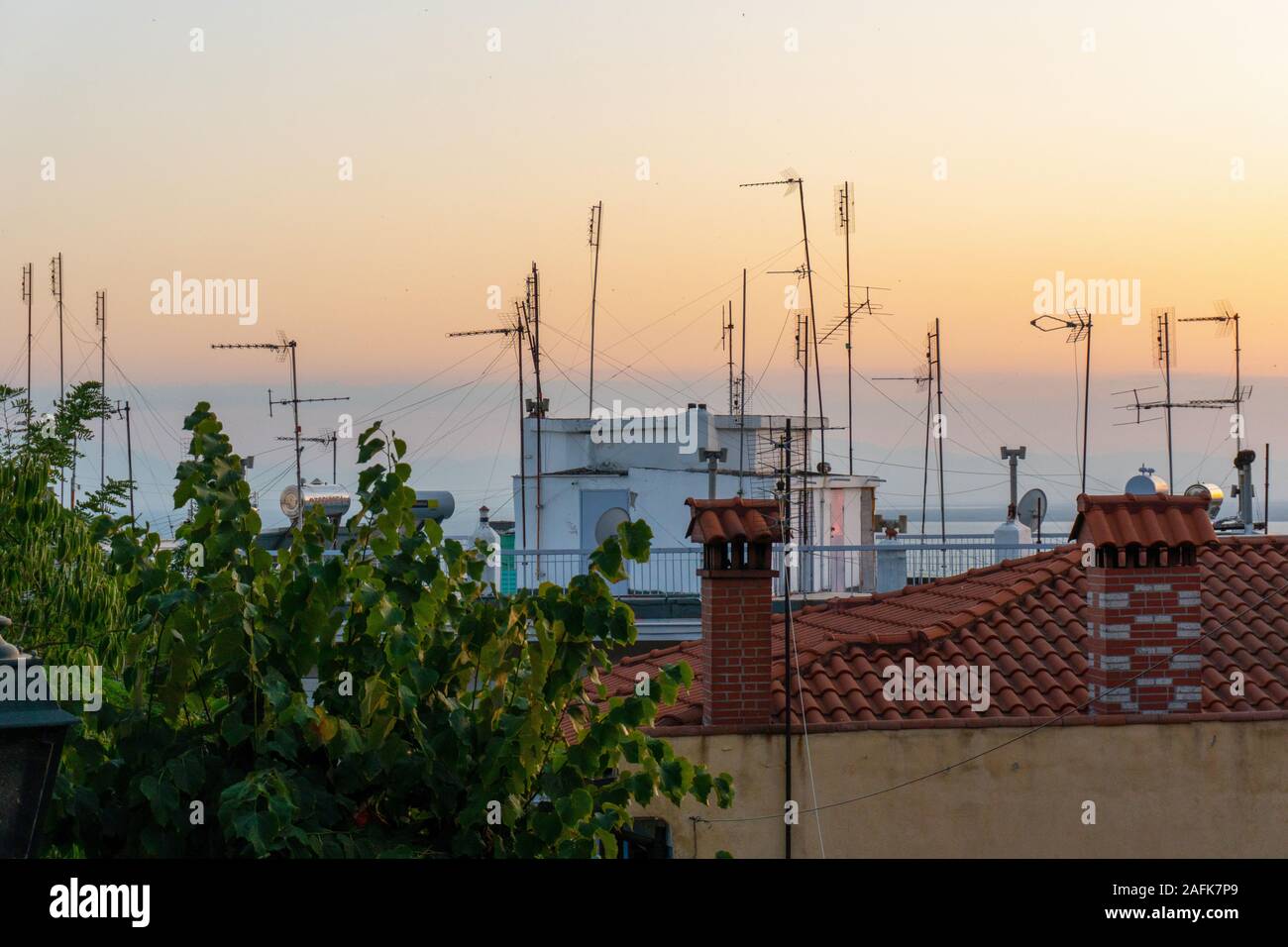 Roofs of the houses and a lot of antenna in Thessaloniki Greece Stock
